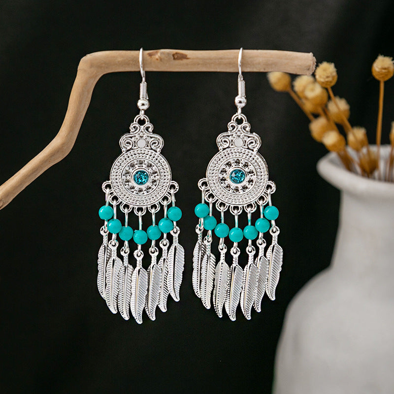 Wholesale Bohemian Ethnic Style Feather Tassel Alloy Earrings